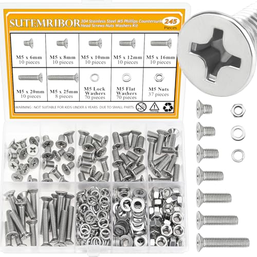 245 Pieces M5 Machine Screws Nuts Washers Set, Sutemribor M5 x 6/8/10/12/16/20/25mm Phillips Countersunk Head Machine Screws Nuts Washers Assortment Kit, 304 Stainless Steel, Fully Threaded - size: M5, style: Phillips Countersunk Head