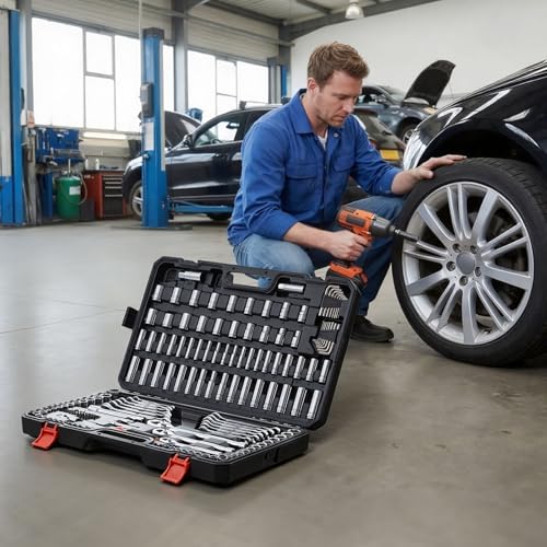 VEVOR Mechanics Tool Set, 159-Piece Mechanic Tool Kit, 1/4 in, 3/8 in, and 1/2 in Drive, SAE and Metric Socket Set, Wrenches, Screwdriver Bits, Accessories, and Storage Case, for Automotive Repair - size: 159-PCS