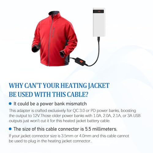 12V Heated Jacket Step-Up Cable Type C to DC 5.5mm for Milwauk-ee M12 | Compatible with Snap-on, Metabo, Craftsman, M12, Makita, AEG 12V heated jackets, powers via Type-C power bank