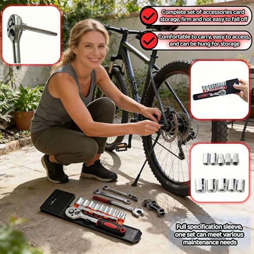 Professional 12PCS 1/4" Drive Metric Socket Wrench Set,90-Tooth Reversible Ratchet Handle,6-Point Shallow Sockets (4-13mm)&4" Extension Bar,CR-V Steel for Automotive,Motorcycle,Bike Repair Tools