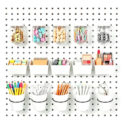 15PCS Pegboard Organizer Accessories, 5 Clear Storage Jars with Lids, 5 Bins and 5 Hanging Cups, Pegboard Containers for Garage, Workshop, Craft Room, Office and Home Organization