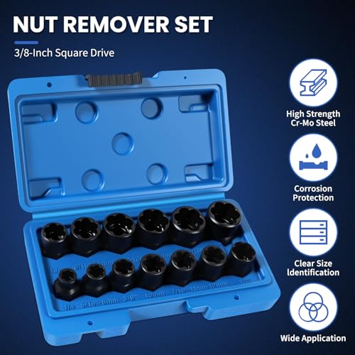 13PCS Bolt Extractor Kit, Stripped/Lug Nut Removal, 3/8" Drive,SAE & Metric - color: 13pcs