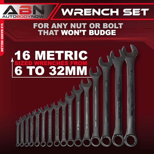 ABN Combination Wrench Set – 16 Pc Raised Panel Metric Wrench Set with Wrench Roll Up Pouch, Black Spanner Wrench Set - size: Metric