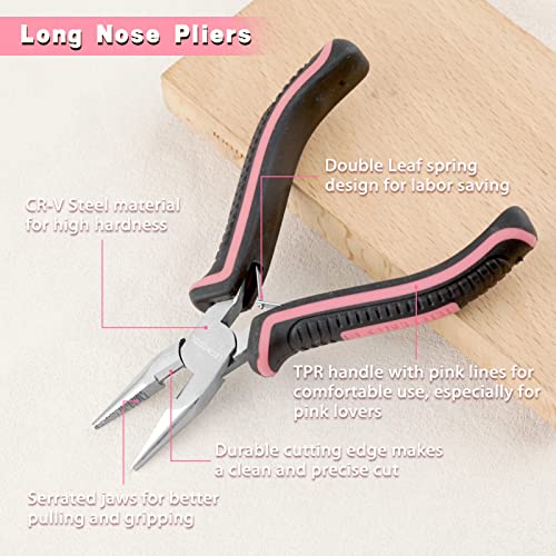 Long Nose Pliers with Serrated Jaw Small Pliers for Jewelry Making 5 Inches for Electronics, Jewelry Making, Wire Cutters for Crafts Working in Tight Areas, Pink Tool for Women - style: Long Nose Pliers