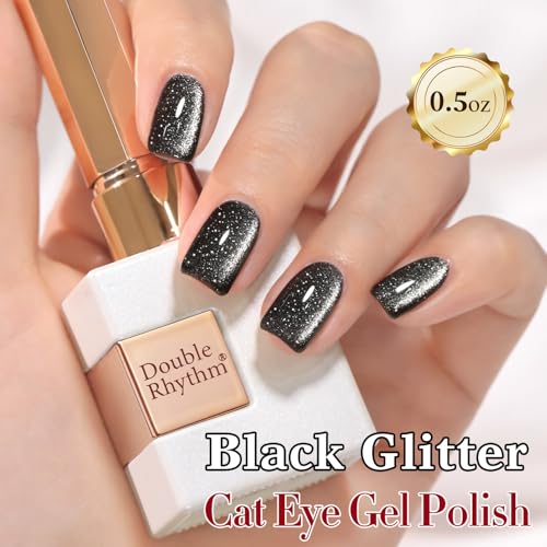 Double Rhythm Jelly Glass Cat Eye Gel Polish with Magnet 15ML Holographic Glitter Shimmer Translucent Sheer Color Magnetic Nail Polish Salon DIY at Home (Black Glitter-MC1061) - color: Black Glitter