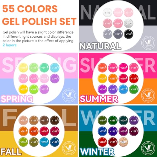 VANREESA 60 Pcs Gel Nail Polish Set, 55 Colors Gel Polish with Base Coat & 4 Effects Top Coat Full-Color Nail Polish Set All Seasons Nail Kit Gifts for Women Girls Nail Salon at Home - color: All Colors You Want