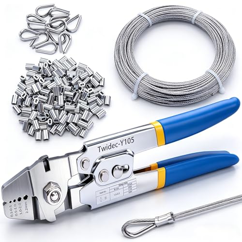 Twidec/Wire Rope Crimping Tool Up To 2.2mm Swaging Tool With 160PCS 1/16''Aluminum Crimping Loop Sleeve And 66FT 1/16'' 304 stainless steel Wire Rope 12PCS Wire Rope Thimbles Kit - style: 66FT