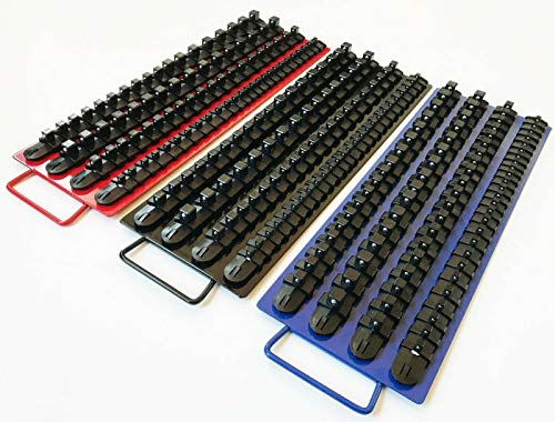 240pc GOLIATH INDUSTRIAL SOCKET STORAGE TRAY RAIL RACK HOLDER SET 1/4 3/8 1/2 Overall Length Of Each Tray: 17-1/2" (Without Handle) Overall Width Of Each Tray: 6" Heavy Duty Molded ABS Plastic Socket