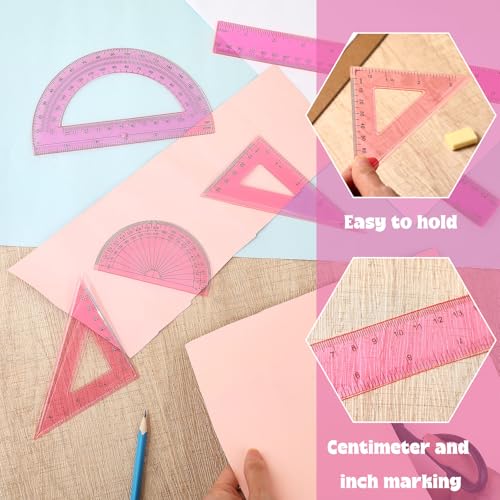 Tenare 6 Pcs Math Geometry Ruler Set, Protractor Triangle School,Pink - color: Pink