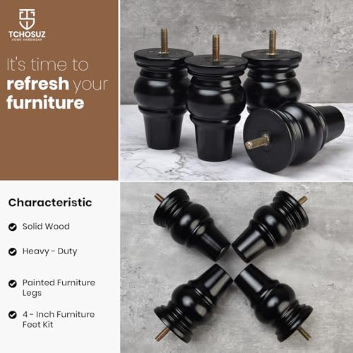 4 inch Solid Wood Bun Feet Black 4-Pack with Pre-drilled M8 Bolts - color: Black