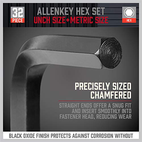 SEDY 32-Piece Hex Key Wrench Set, Metric and SAE Allen Wrenches (0.028-3/8 inch, 0.7-10 mm) L Shape Allen Keys, Chrome Vanadium Steelwith 2x Extension Handle - style: 32-Piece Standard Set (L-Key)