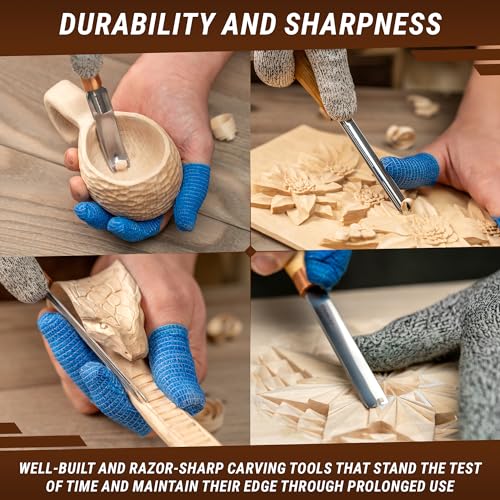BeaverCraft Wood Carving Gouges Chisels Kit SC01 - Wood Spoon Carving Chisel Set - Whittling Tools Includes Radial Gouges, Flat Chisel, Bent Gouge, Leather Strop & Rolling Pouch