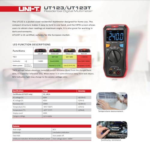 UNI-T UT123T Digital Multimeter Pocket-Sized, NCV Detection, Temperature, Continuity Test, CAT III 600V, Auto-Ranging, EBTN LCD for Home DIY Electrical Testing