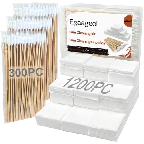 Egaageoi Gun Cleaning Patches and Pointed Swabs with Storage Box - Lint-Free Gun Cleaning Supplies for Shooting Practice, Range Match, Hunting Prep - Compatible with .22 to .45 Cal, 9mm, .30 Caliber - style: 1200 Patches + 300 Swabs