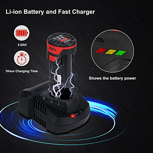 PULITUO Brushless Electric Drill Set,[Brushless Motor],12V Power Drill 310 In-lb Torque, 20+1 Clutch, 3/8" Keyless Chuck,45min Fast Charger, 2 Speed, LED Light for Home and DIY Project - color: 75933-red
