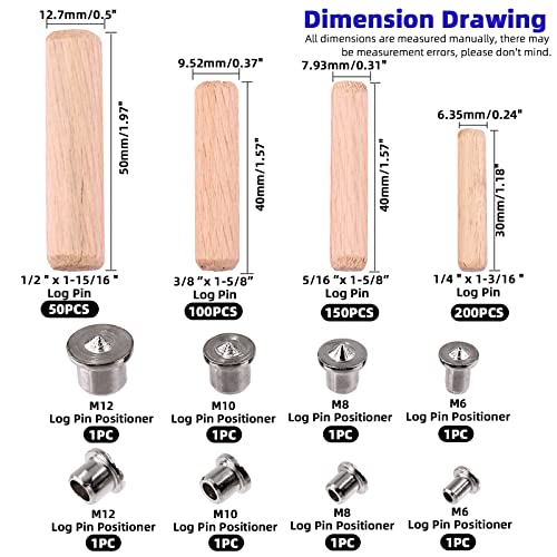 Glarks 508Pcs 1/4" 5/16" 3/8" 1/2" Wooden Dowel Pins Beveled Ends Fluted Dowel with 6/8/10/12MM Solid Hollow Dowel Tenon Center Transfer Plugs Set for Easy Insertion Furniture Door Crafts Projects