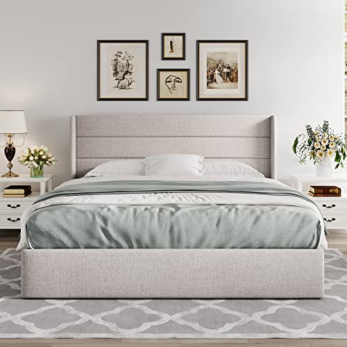 Allewie King Size Lift Up Hydraulic Storage Bed Frame Light Beige - color: Beige, size: King, style: Modern