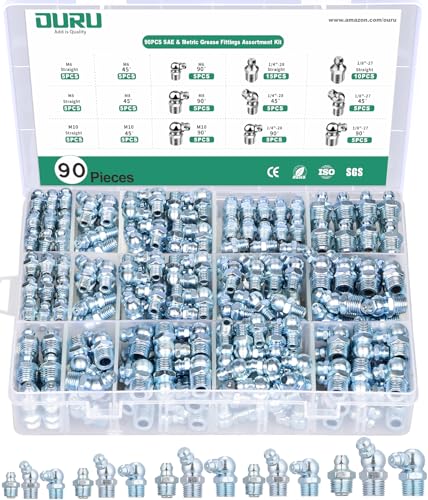 OURU 90PCS Grease Fittings Assortment Kit, SAE & Metric with Wrench Kit - size: 90