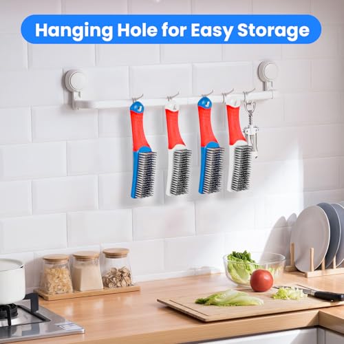 4 Pack Wire Brush for Rust Removal & Paint Removal, Heavy Duty Stainless Steel Wire Brushes for Cleaning, Metal Wire Brush with Rubber Handle