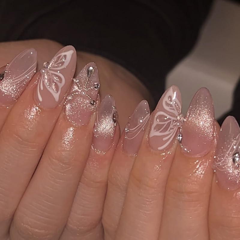 Pearl Charms Cat Eye Press On Nails Almond Short, Butterfly Pattern Designer Reusable Acrylic Nails Press Ons, Fake Nails With Glue On, Daily Wear Floral False Nails For Women - color: LF-3879 Butterfly Pearl Charms, size: 24 Pieces (Pack of 1)