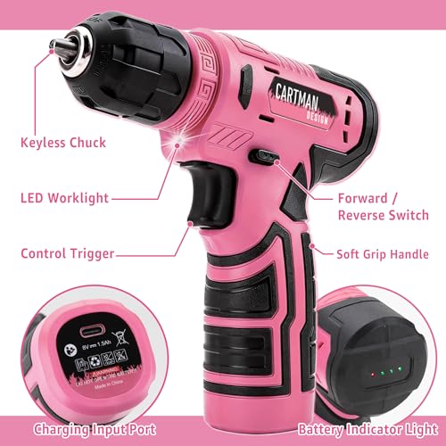CARTMAN 150-Piece 8V Cordless Drill Hand Tool Set Pink Household Repair Kit - color: Pink