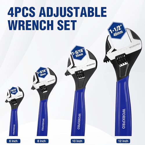 WORKPRO 4 PCS Adjustable Wrench Set, 6", 8", 10" & 12" Wide Jaw Wrenches - color: Blue, size: 6-Inch & 8-Inch & 10-Inch & 12-Inch