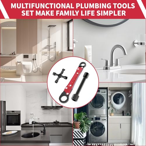 Angle Stop Wrench Kit, 3-Piece Plumbing Tool Set with Compression Sleeve Puller & 4-Way Sillcock Key, 15/16" & 5/8" Plumber Wrench for 3/8" & 1/2" Angle Stop Valves, Tight Spaces - color: Red