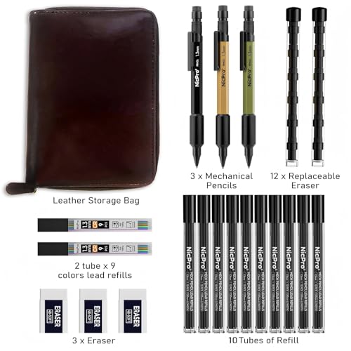 Nicpro 21PCS 1.3 mm Mechanical Pencil Set in Leather Bag with 138 Leads - color: Multicolor