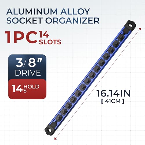 Reniteco Magnetic Socket Organizer, 3/8” Aluminum Alloy Rail, 14 Clips - color: Blue, size: 3/8-inch Drive