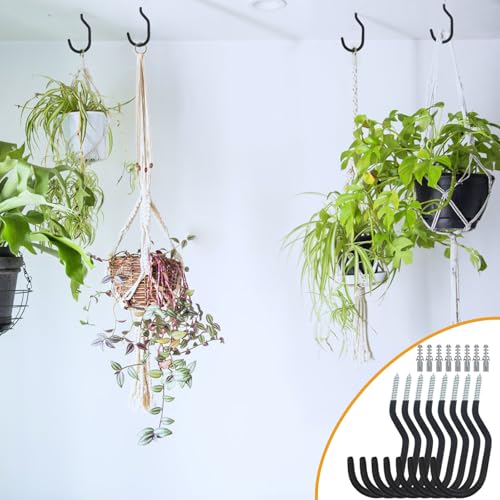 KURUI Large Heavy Duty Screw Hooks for Hanging Plants, Outdoor String Lights, Bike, 8 Pack Ceiling Hooks for Garage Organization and Storage, Black No Drill Wall Hangers - size: 5.7 Inch