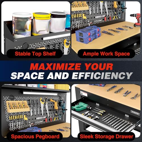 WORKPRO 45" Workbench with Pegboard, Power Outlet & LED Light - size: 48 inch