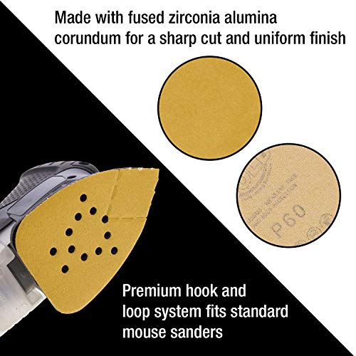Dura-Gold Premium Mouse Detail Sander Sandpaper Sanding Sheets - 60 Grit (Box of 24) - 12 Hole Pattern Hook & Loop Triangle Shaped Mouse Discs - Fits Black and Decker, Woodworking Wood Crafting, Auto - size: 60-Grit