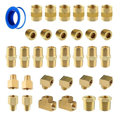 Brass Fittings Assorted 33pcs 3/8" NPT Kit, Female Tee, Coupler, Pipe Plug, Extension, Reducing Adapter, Reducing Bushing, Metric Hex Nipple, Street Elbow