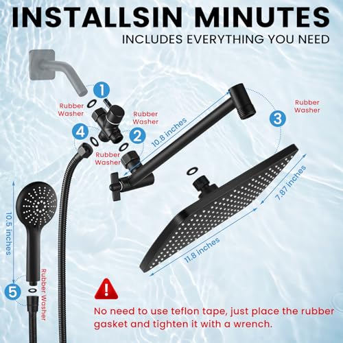 Shower Head with Handheld, High Pressure Black Rain Shower Head - color: A-Matte Black, style: Rectangular 12"