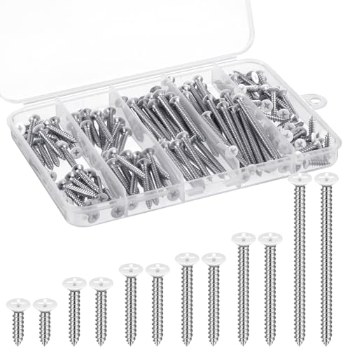 150PCS White Head Screws #6 White Screws for 2.8mm-3.0mm Holes,2”,1-1/2”,1-1/4”,1”,3/4”,1/2” Size Wood Screws Assortment Kit for Shutters,Book Shelf,Wall Plate,Shiplap,Blank Plates