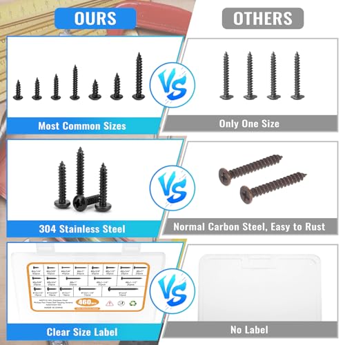 460PCS Black Stainless Steel Wood Screws Assortment Kit, 18 Sizes #4#6#8#10#12 Pan Head Sheet Metal Screws Self Tapping Screws Set for Wood Deck Drywall Concrete Screws, Length 1/4" to 2" - style: Black Pan Head 460PCS