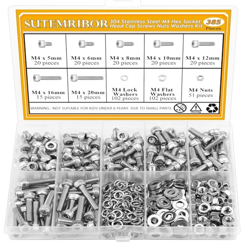 385 Pieces M4 Screws Nuts Washers Set, Sutemribor M4 x 5/6/8/10/12/16/20mm Hex Socket Head Cap Screws Nuts Washers Assortment Kit, 304 Stainless Steel, Fully Threaded - size: M4, style: Socket Head