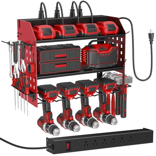 SUNALLY Power Tool Organizer Wall Mount with Charging Station,3 Layer, Red - style: 4 Drill Holders F
