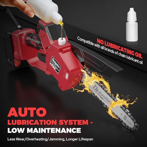 Mini Chainsaw Cordless Compatible with Milwaukee M18 18V Battery (NO Battery), 6 Inch & 8 Inch Small Electric Chainsaw Brushless, 2x 6'' Chains + 2x 8'' Chains, Auto Oiler, Handheld Pruning Chain Saw - color: Red-black