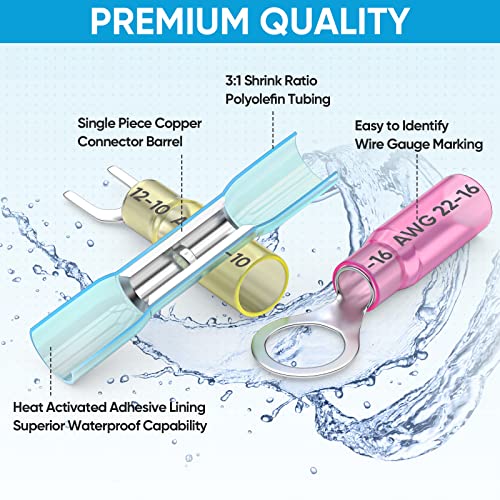 TICONN 250 Pcs Heat Shrink Wire Connectors, Marine Crimp Ring Terminal Kit - style: 250PCS Combo