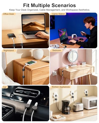 OneLeaf 8 Pack 360° Rotatable Strong Magnetic Cable Clips Cord Holder for Nightstand, 1s Lock Phone Charger Holder, Adhesive Magnetic Cord Clips for Home/Office/Car/Game Station, Smooth Adjustable