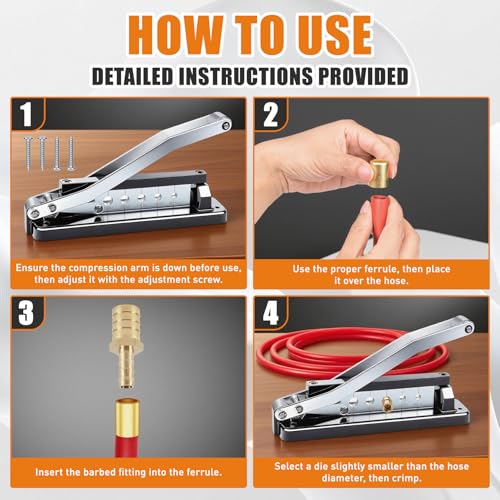 Heavy Duty Bench Hose Crimper Kit with 100 Ferrules (50x 0.593" ID& 50x 0.625" ID) - for 1/4", 5/16", 3/8" PVC, Rubber & Air Hoses Crimping Tool, Portable Torch Hose Repair Kit