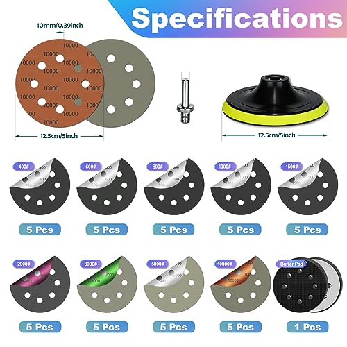 47PCS 5IN Wet Dry Sanding Discs Kit 8 Hole Hook & Loop Sandpaper Assortment - style: 47PCS