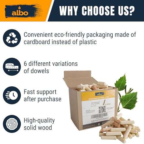 ALBO Wooden Dowel Pins 3/8 x 1 1/2 inch Fluted Wood Dowels Rods 150 Pack Hardwood Crafts Dowel Pegs - size: 3/8"- 150 Psc