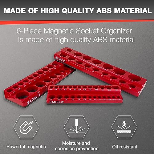EACELIY Magnetic Socket Organizer Set, 1/2", 1/4" and 3/8" SAE & Metric Deep & Shallow Socket Holder Kit, holds 141 stanard Sockets, attaches to steel box/tool cart (sockets not included) 丨6PCS - size: 6PCS 1/2&3/8&1/4inch