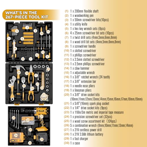 Sundpey 267 Pcs Tool Kit Set for Home with 21V Cordless Drill & Drawer Case