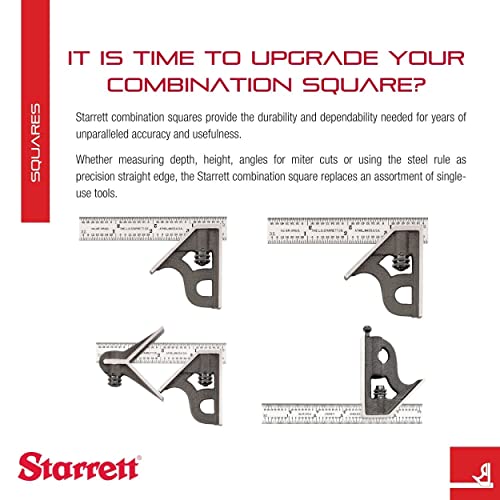 Starrett Steel Combination Square with Square Head - 24" Blade Length, Cast Iron Heads, Reversible Lock Bolt, Scriber, Spirit Level, 4R Graduation Type - 11H-24-4R