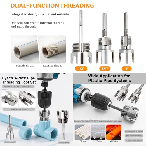 3Pcs PVC Pipe Threader Kit, 1/2" 3/4" 1" Internal & External