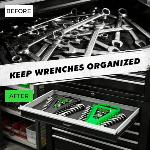 2-Piece Magnetic Wrench Organizer, Metric & SAE Portable Plastic Wrench Holder, 24-Slot Total, Foldable Carrying Handle for Wall-Mounted, Easy-Open Lock Cover, Wrenches Storage Rack Tool for Tool Box - style: 2PCS Green&Black