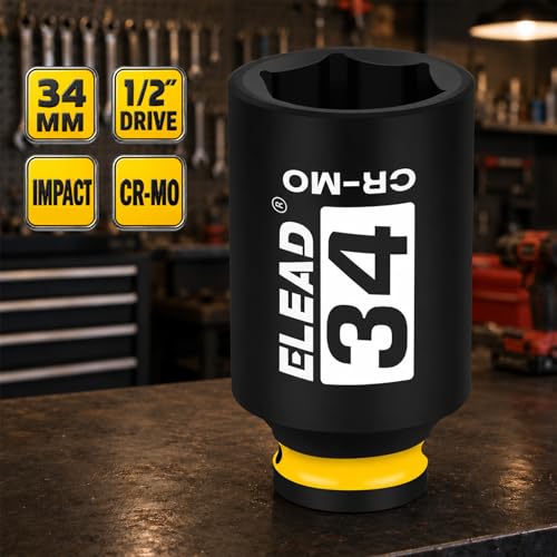 ELEAD 34 mm Socket 1/2" Drive Deep Impact Socket, Metric 6 Point 1/2-inch Drive Impact Axle Nut Sockets, CR-MO Nut Socket Set, Tools for Easy Removal of Axle Shaft Nuts - color: 34mm